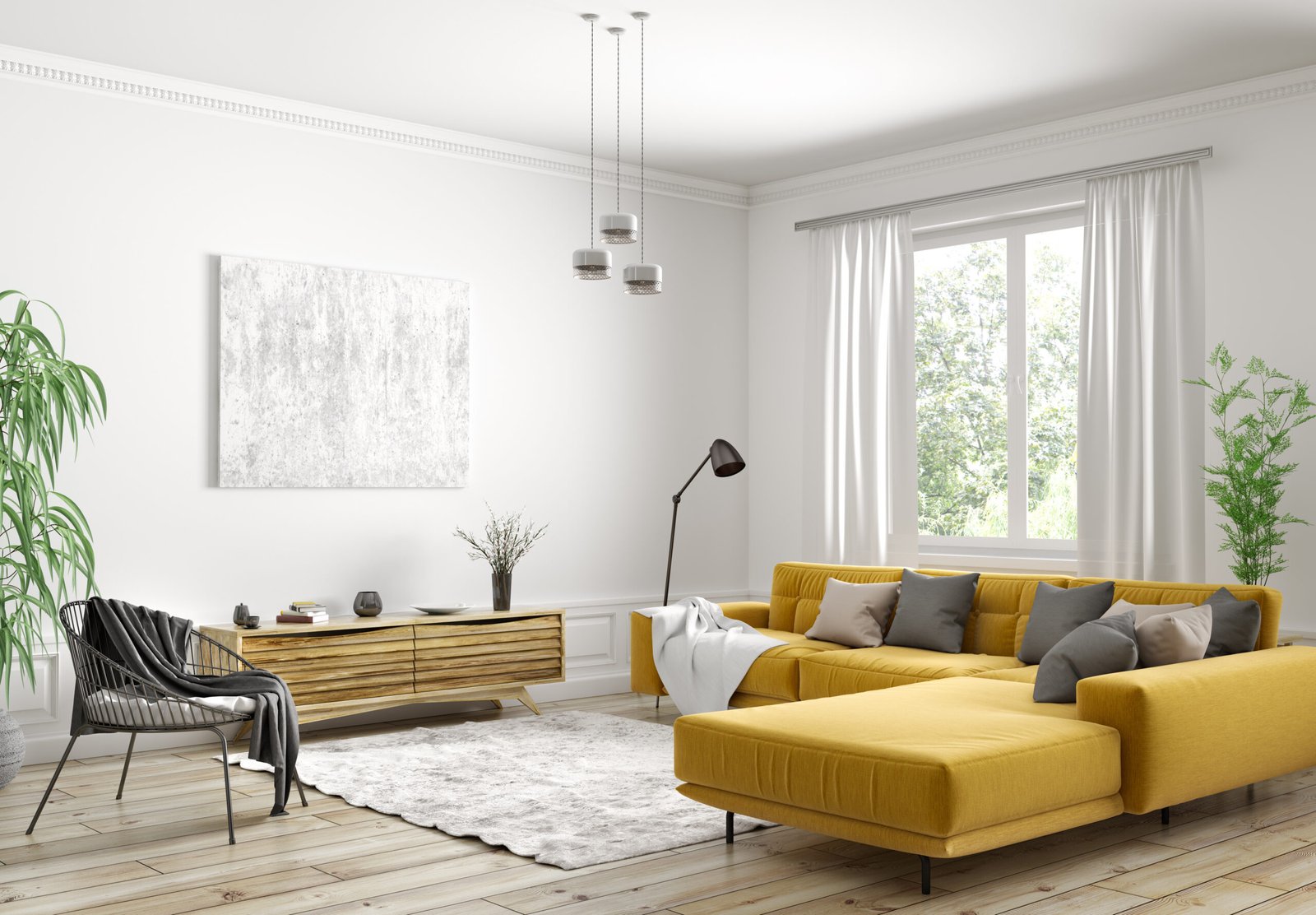 Modern interior design of scandinavian apartment, living room with yellow sofa, sideboard and black armchair 3d rendering